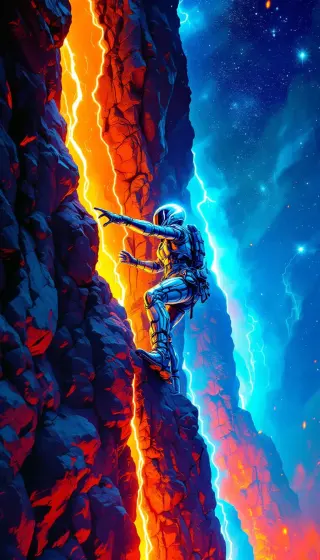 Astronaut climbing a cliff split between molten lava and blue lightning