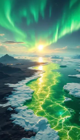 Glowing green river winding through ice under a vivid aurora