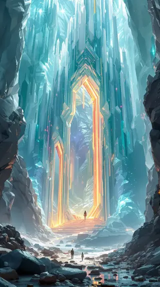 Explorers approaching a glowing doorway inside a towering crystal canyon