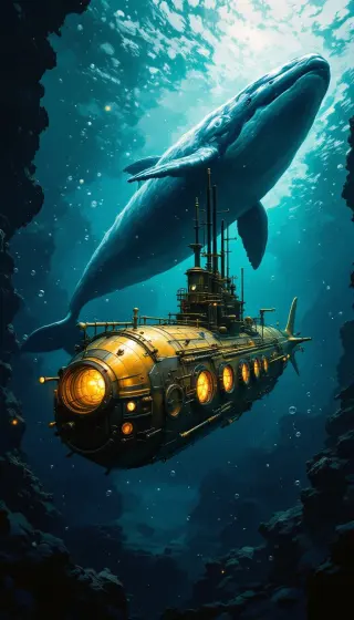 Golden submarine gliding under a great whale in deep teal water