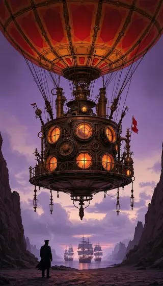 Red hot air balloon with a lantern gondola over a purple dusk harbor