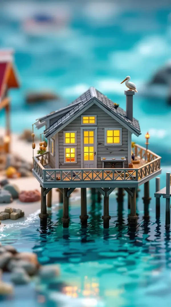 TinyBot: a miniature stilt house over turquoise water, tilt-shift photo