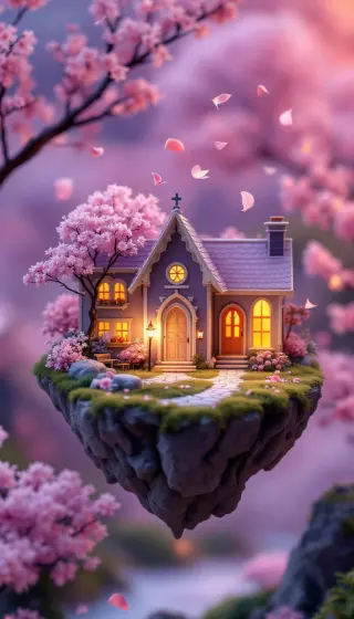 Lavender cottage on a floating island under drifting cherry blossoms
