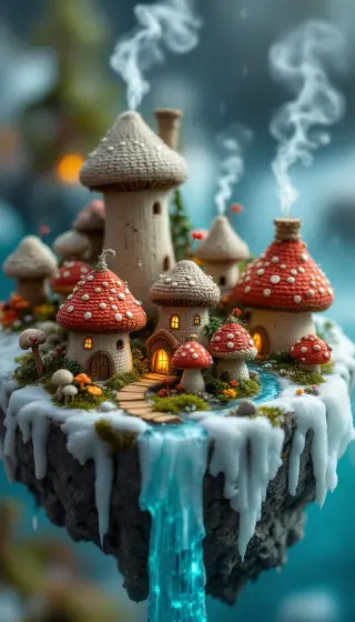 Red-capped mushroom village on a floating rock with a turquoise waterfall