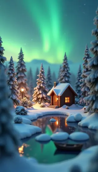 Snowy log cabin by a glowing pond under green northern lights