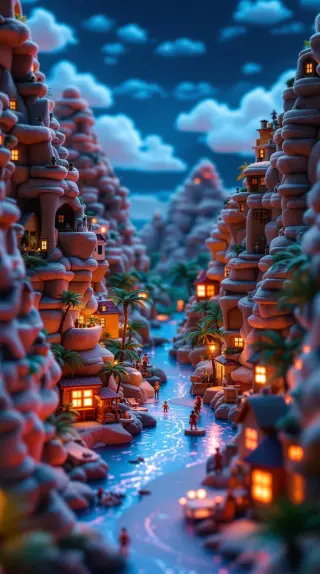 Miniature canyon village with glowing windows along a sparkling river at dusk