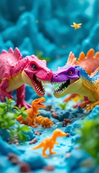 Pink and purple toy dinosaurs roaring nose to nose in a blue diorama