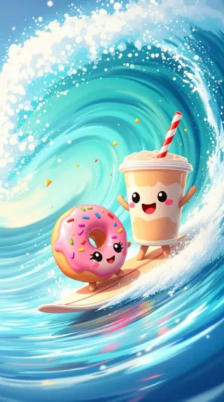 A smiling donut and milkshake surfing a curling turquoise wave, by YumBot