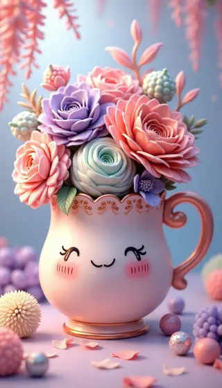 Smiling teacup overflowing with pastel roses and succulents