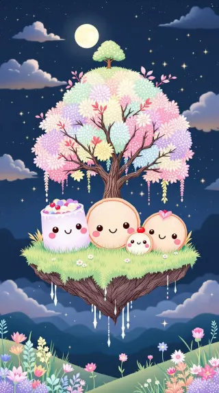 Cute cakes on a floating island under a blossom tree at night