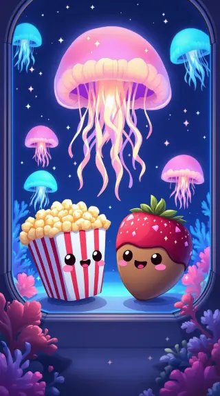 Popcorn and a strawberry watching glowing jellyfish in an aquarium