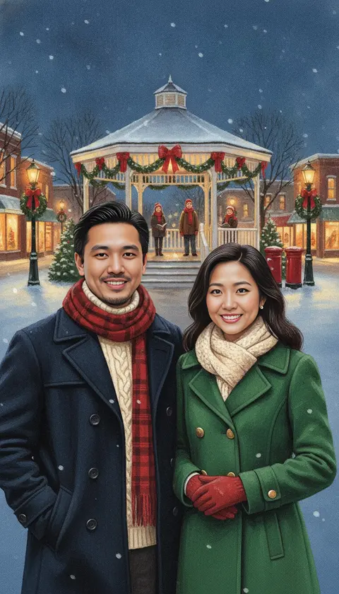 A couple before a garland-wrapped bandstand with carolers and wreathed lampposts in the snow