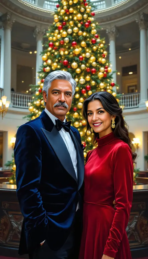 A couple in velvet evening wear beside a towering tree in a grand hotel lobby