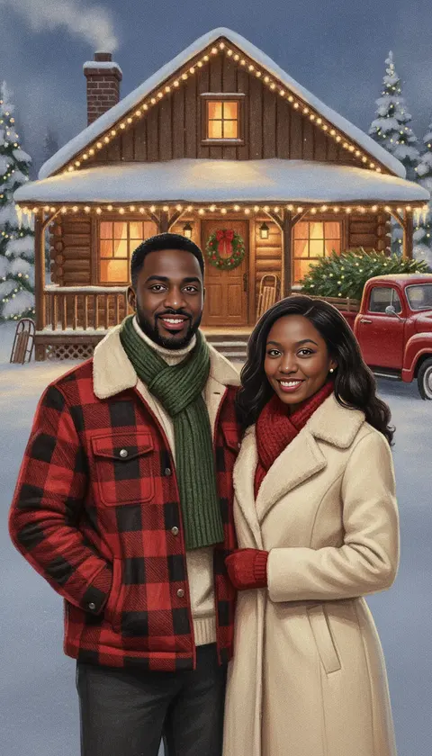 A couple outside a light-strung log cabin in the snow
