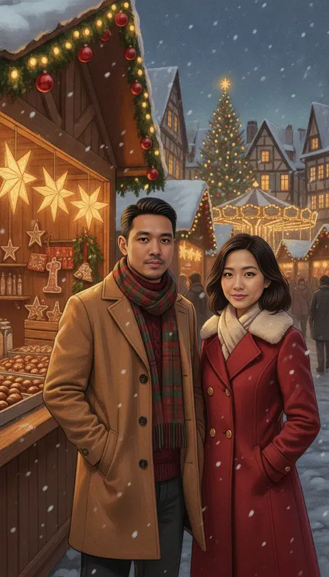 A couple at a glowing Christmas market stall with paper stars, a carousel and falling snow