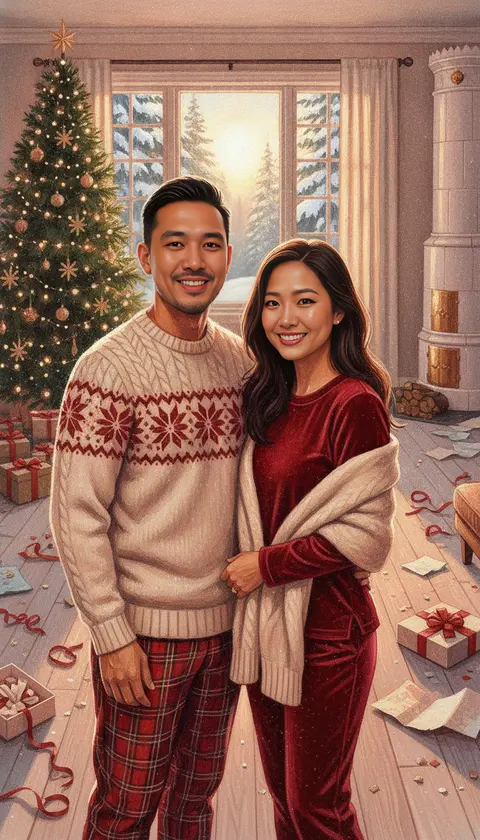 A couple on Christmas morning in a sunlit Scandinavian living room strewn with wrapping paper