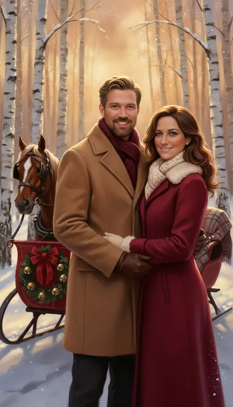 A couple beside a red horse-drawn sleigh in a golden birch forest