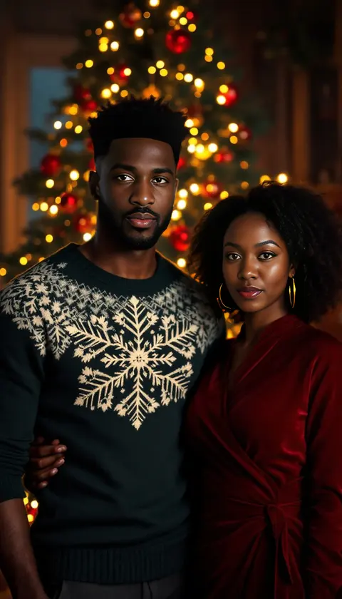 A couple in festive velvet and knitwear in front of a sparkling Christmas tree