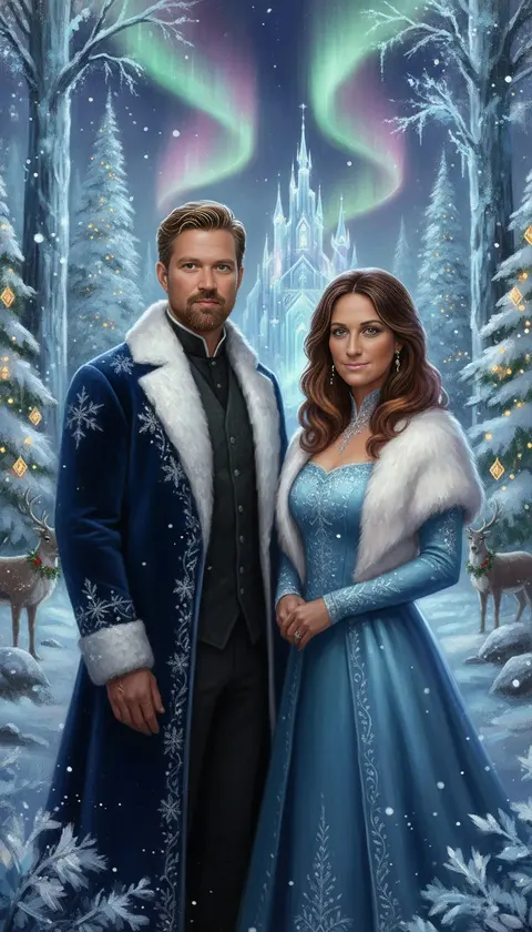 A couple in snowflake-embroidered winter finery before an ice palace under the northern lights