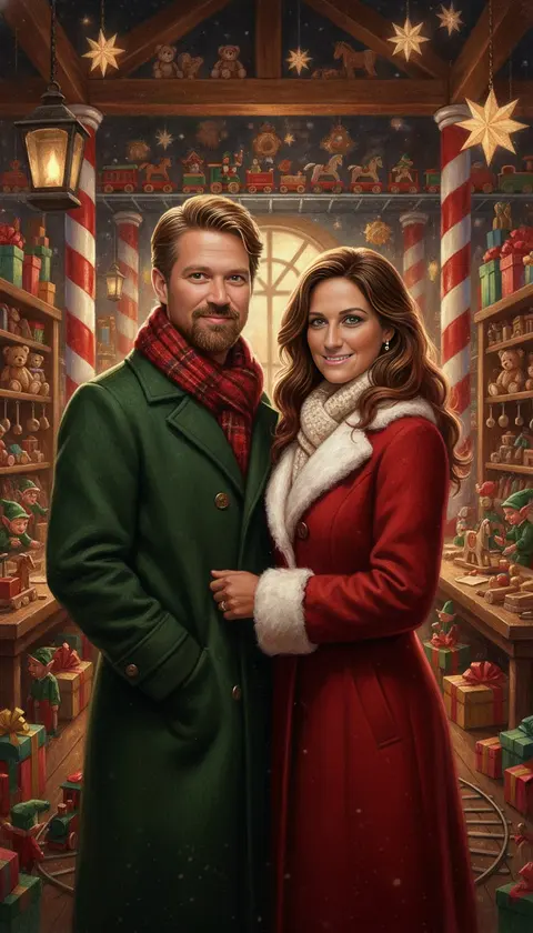 A couple in festive coats inside a whimsical toy workshop with candy-cane pillars and elves