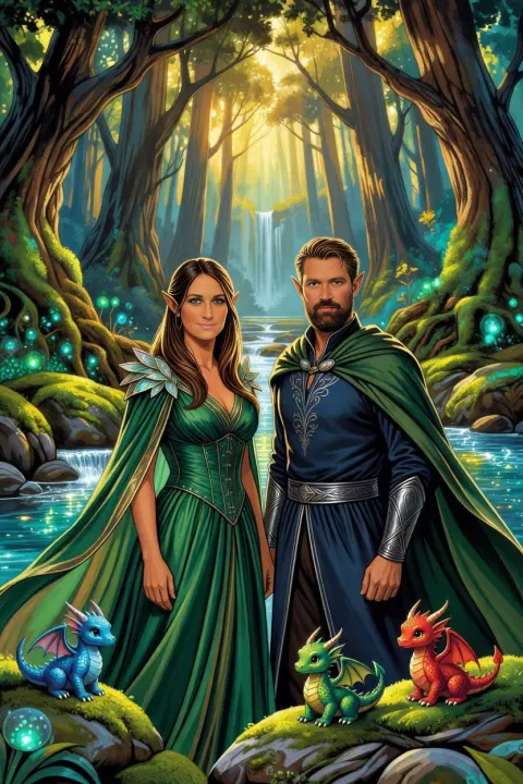 An elven couple in a glowing enchanted forest with three tiny baby dragons