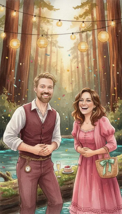 A laughing couple at a lantern-lit picnic beside a redwood forest stream, watercolor