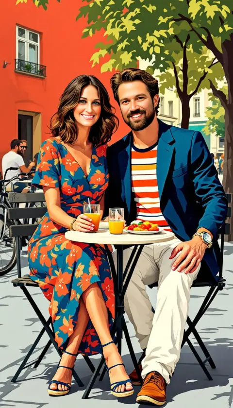 A smiling couple sharing fresh juice at a sunny red-walled sidewalk cafe, pop art