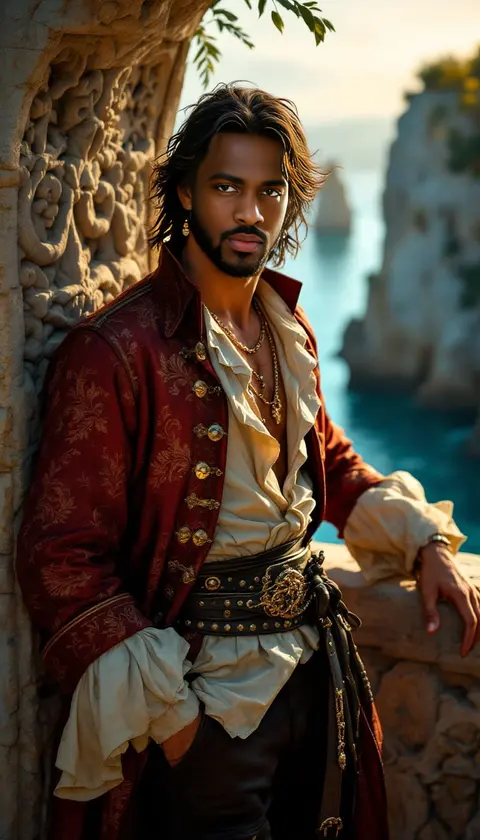 A pirate in a crimson coat leaning on carved stone above a turquoise cove, painted realism