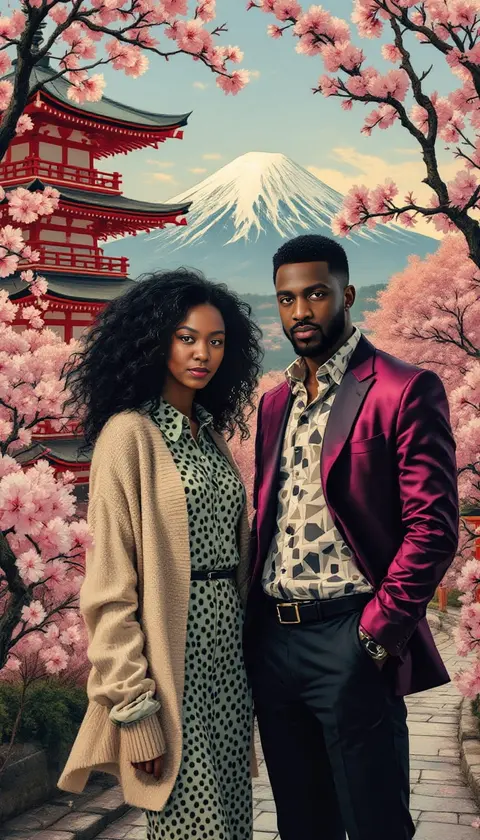 A couple under cherry blossoms before a red pagoda and Mount Fuji, painted graphic novel