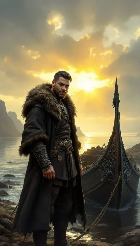 A Viking in a fur cloak beside a dragon-prow longship at sunset, painted fantasy