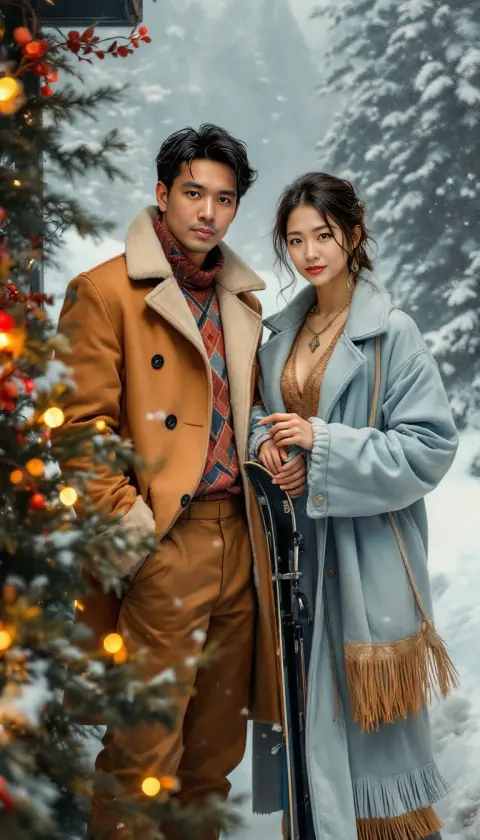 A couple in warm winter coats outside a snowy alpine chalet strung with lights, oil painting