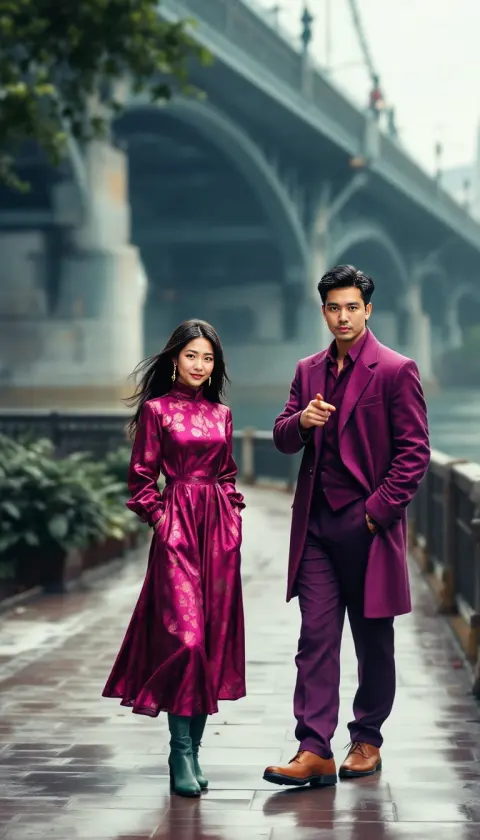 A couple in jewel-toned coats strolling a rainy riverside promenade in New York, comic art