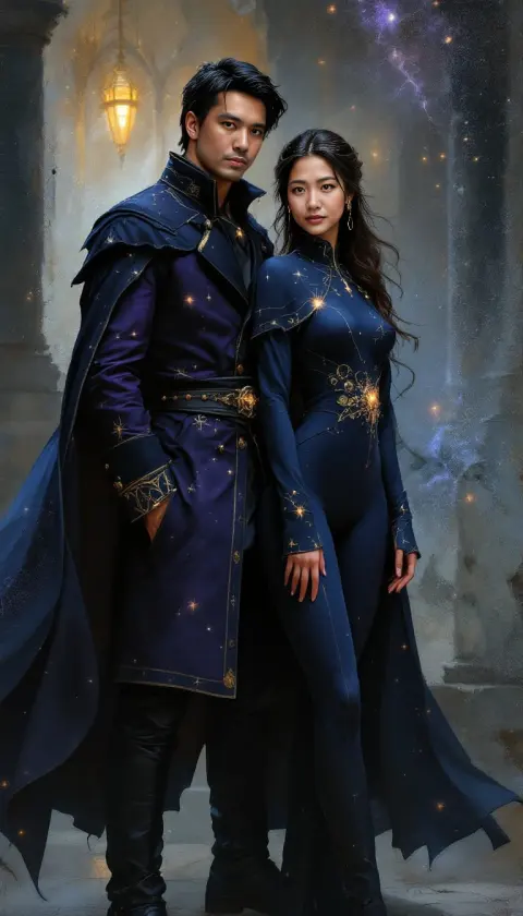 A couple in star-embroidered capes in a glowing cosmic hall, painted fantasy