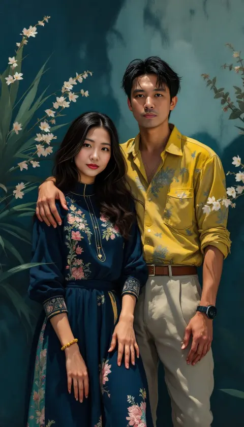 A couple in bright patterned clothes before a flowered wall in Thailand, painted graphic novel