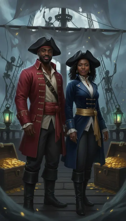 A couple in pirate frock coats on a moonlit ghost ship with a skeleton crew