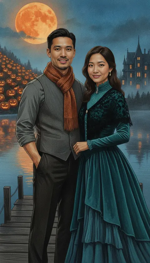 A couple by a dark lake below a hillside of glowing jack-o-lanterns