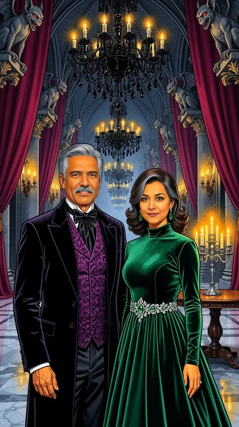 A couple in an emerald velvet gown and frock coat in a candlelit gothic ballroom