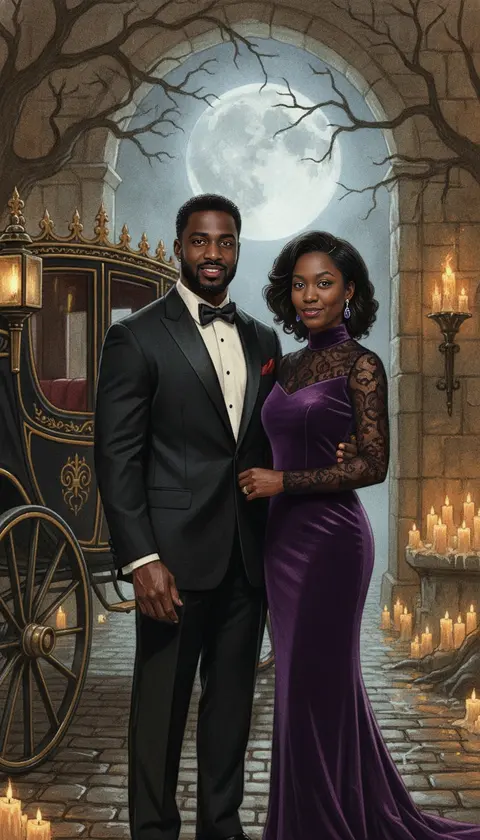 A couple in a violet velvet gown and tuxedo beside a moonlit carriage