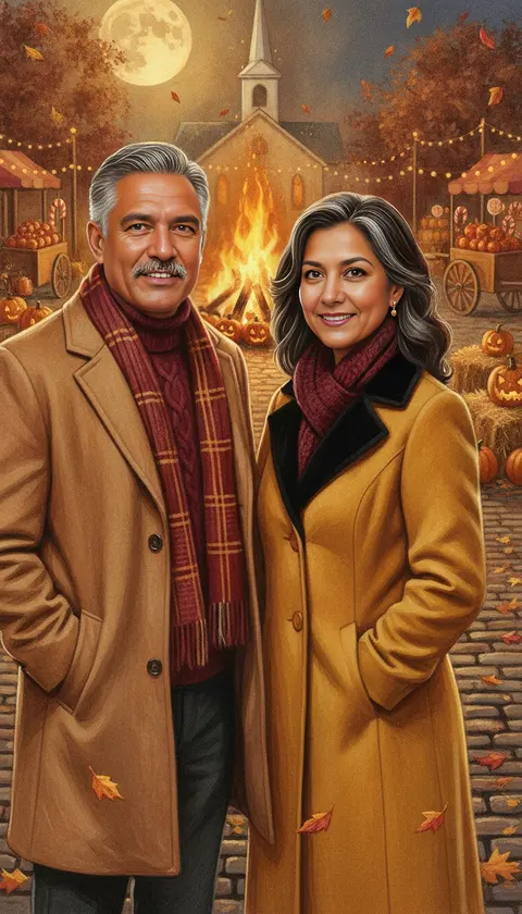 A couple in cozy fall coats by a village bonfire under a harvest moon