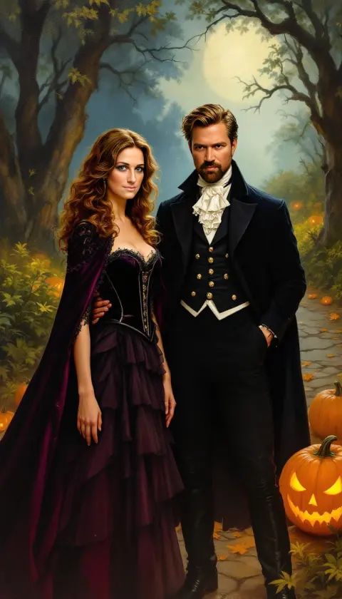 A couple in gothic Victorian costume under a full moon, oil painting