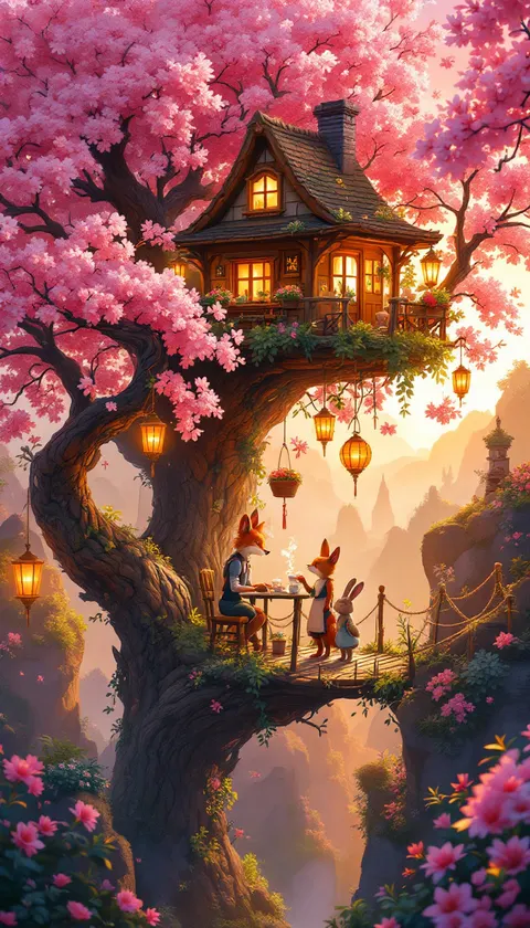 A treehouse cafe in a pink blossom tree where a fox serves tea to rabbits, made in the studio with Flux 1.1 Pro