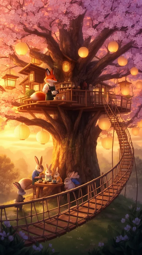 A fox barista high in a blossoming tree, rabbits at a table below and a long rope bridge, by Flux 2 Dev