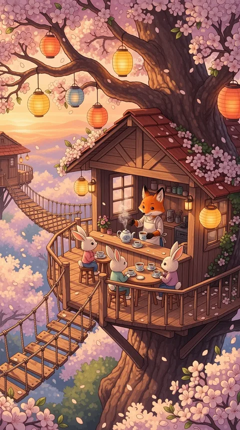 A treehouse cafe in pink blossoms, a fox serving tea to a family of rabbits, rope bridges and lanterns, by Flux 2 Flex
