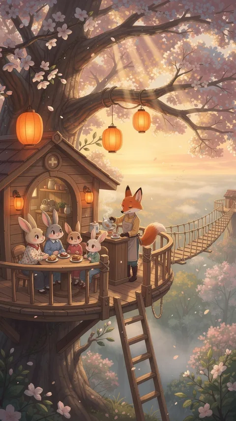 A storybook treehouse cafe where rabbits sit at tables and a fox barista pours tea, by Flux 2 Max