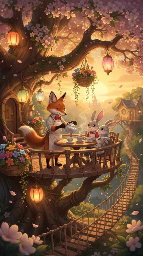 A close, lantern-lit view of a fox pouring tea for rabbits on a treehouse deck, by Flux 2 Pro