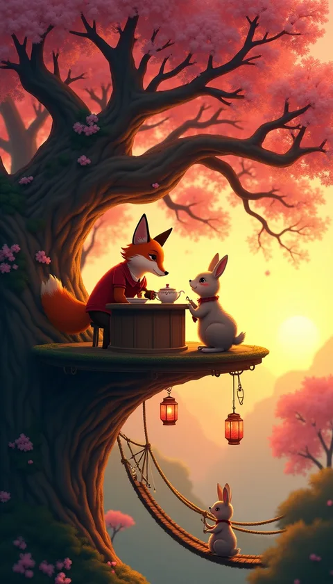 A fox pouring tea for a rabbit on a treehouse ledge at sunset, a rope bridge below, by Flux 1 Dev