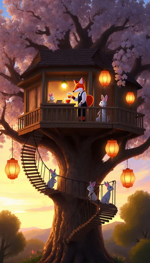 A glowing treehouse cafe with a winding stair, a fox serving tea to rabbits under paper lanterns, by Flux Krea