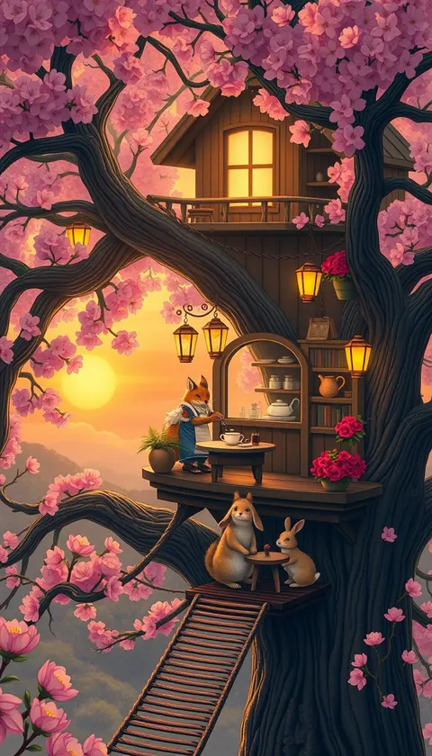 A sunset treehouse cafe with a fox and two rabbits, by Flux 1 Schnell