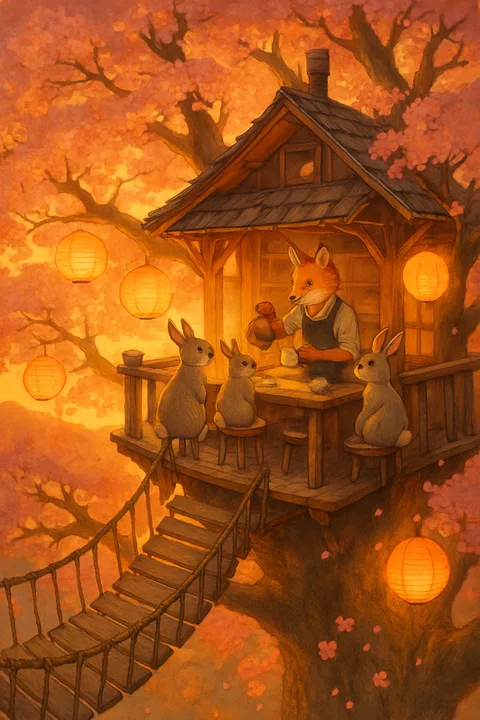 A warm, glowing treehouse cafe with a fox barista and rabbits at a table, by GPT Image 1
