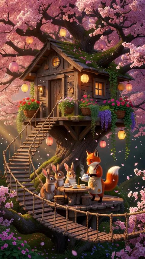 A treehouse cafe with a winding stair where a fox serves tea to rabbits, by Grok Imagine